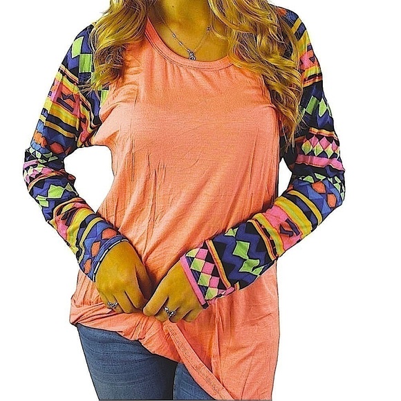 Miss 2 Day Tops - MISS 2 DAY Neon Round Neck Top in Coral with Multi-Color Printed Sleeves